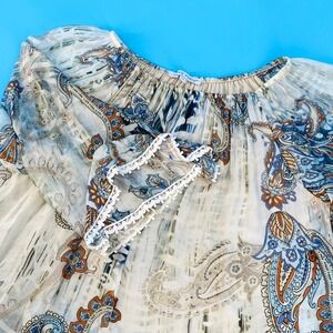 Tempo Paris Womens‎ Medium Silk Paisley Lace Trim Blouse Blue Tan Made in Italy